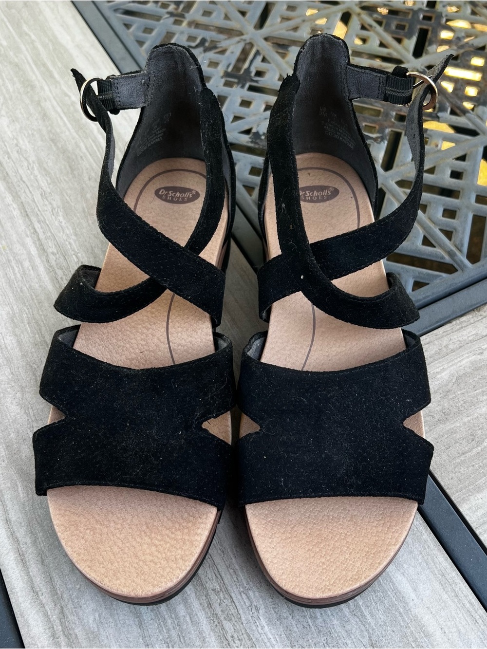 Dr. Scholl's Black Suede feel Crisscross Ankle Strap Wedge Sandals